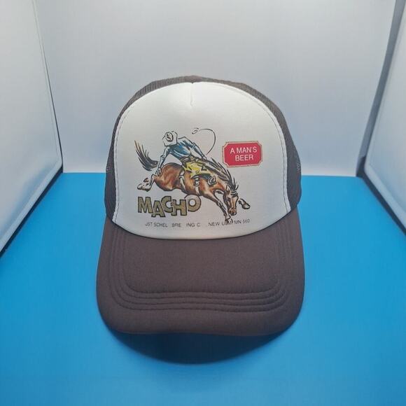 Macho A Men's Beer Trucker Snapback Hat Cap Foam Brown Retro Logo - Picture 1 of 6